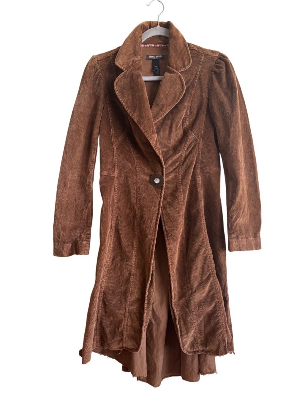 Vintage Y2K Bisou Bisou Fine Wale Corduroy Raw Hem Long Trench Jacket Brown - Picture 12 of 12
